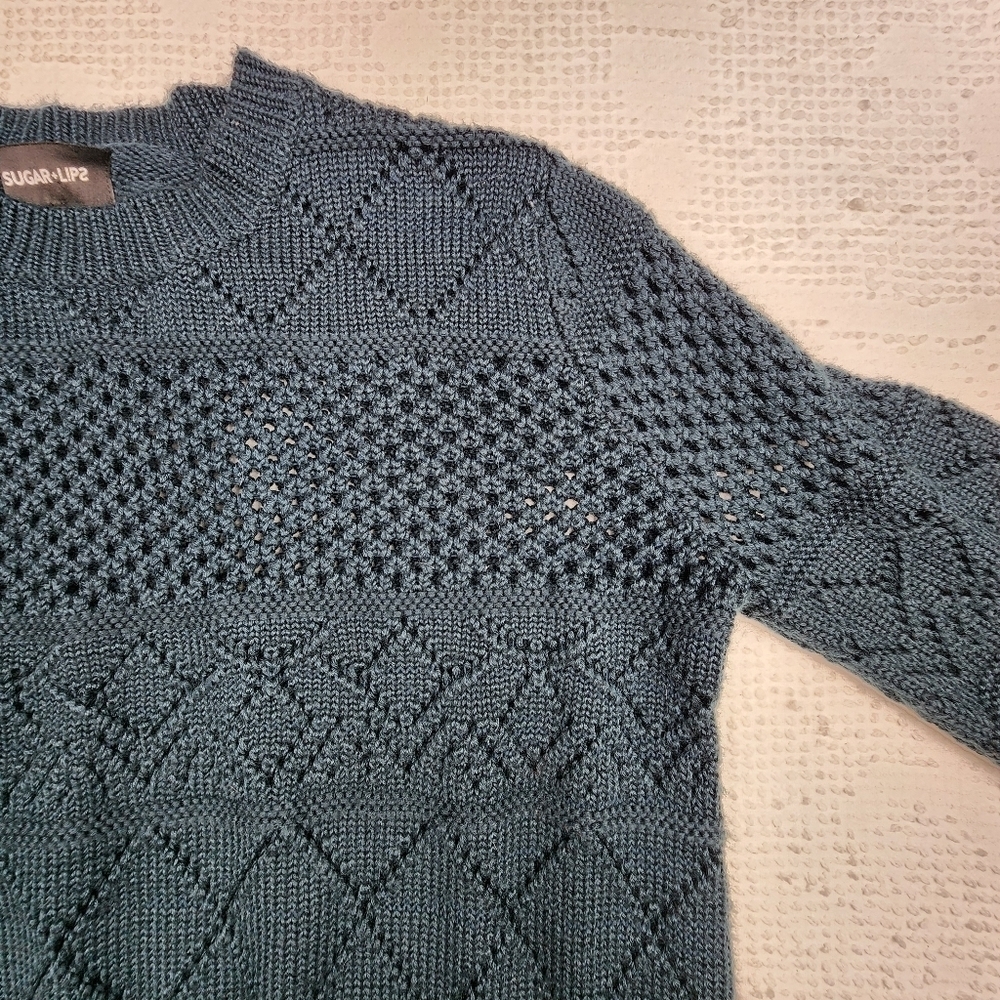 Sugar Lips Navy Blue Knit Bell Sleeve Sweater Size M/L - Picture 4 of 12